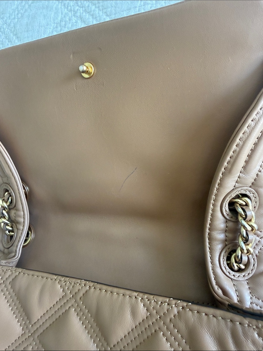 Tory Burch Fleming Soft Leather Convertible Shoulder Bag Warm Tan Gold Chain - Picture 15 of 17